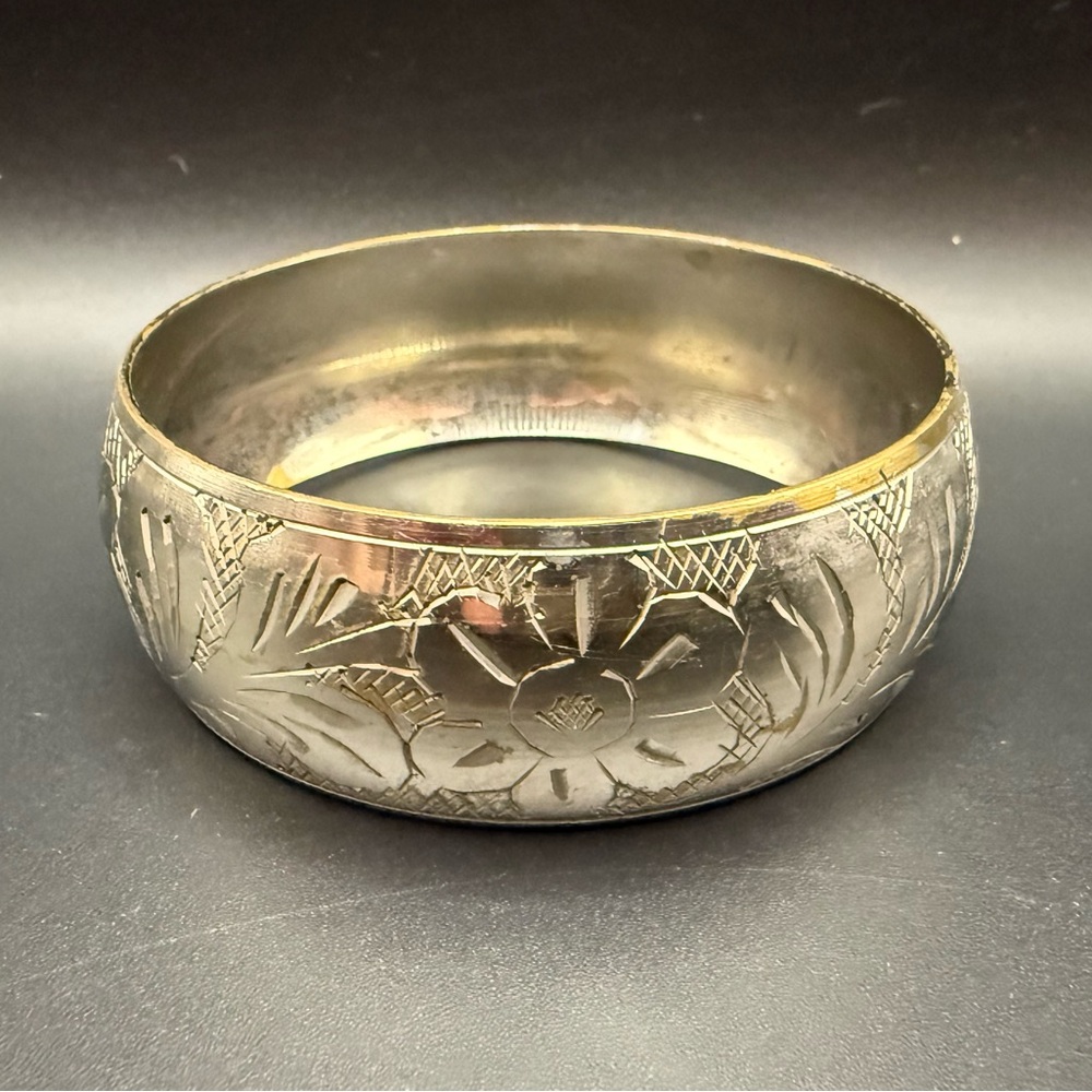 Vintage Engraved Brass Bangle Bracelet in Silver Tone Floral